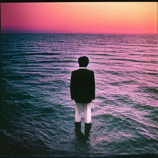 Prompt: japanese man with long hair in a suit standing in the ocean looking at the camera, wide shot, far away, sunset, album cover, 1980, tatsuro yamashita
