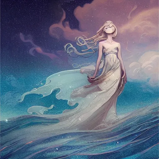 Prompt: harmony of swirly clouds, elven girl wearing the ocean as a dress, night sky, by wlop, james jean, victo ngai! muted colors, highly detailed, fantasy art by craig mullins, thomas kinkade