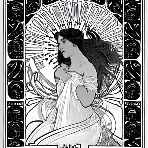 Image similar to black and white illustration by alphonse mucha 8k
