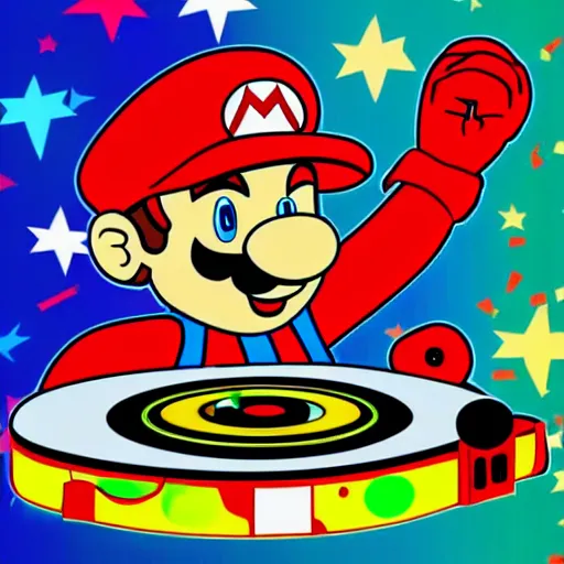 Image similar to svg sticker of a Pop-Wonder SuperMario, Mario-Wearing-a-red-hat, at a rave, spinning records, giant headphones rocking out, wearing headphones, huge speakers, dancing, rave, DJ, spinning records, digital art, amazing composition, rule-of-thirds, award-winning, trending on artstation, featured on deviantart