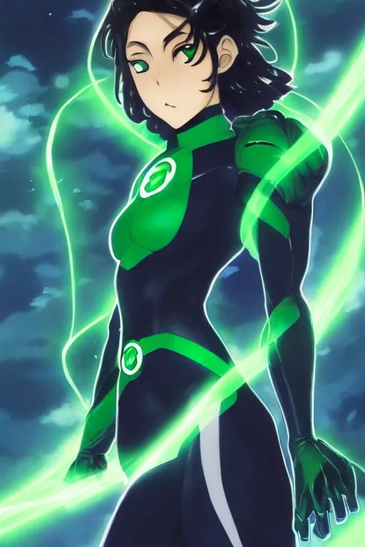 Image similar to anime key visual of a beautiful young female green lantern!! intricate, green and black suit, glowing, powers, dc comics, cinematic, stunning, highly detailed, digital painting, artstation, smooth, hard focus, illustration, art by artgerm and greg rutkowski and alphonse mucha