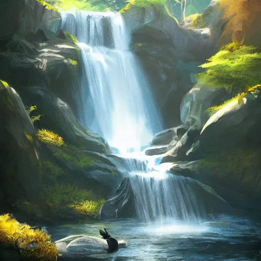 Prompt: beautiful portrait commission of a slender dragon relaxing by a waterfall, digital painting, artstation, art by Jaime Jones