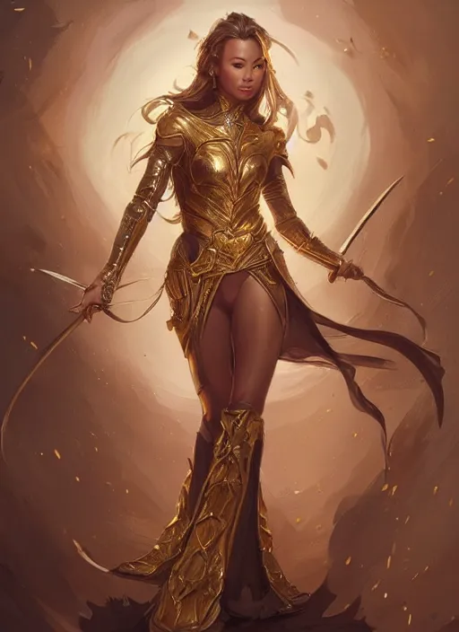 Image similar to jamie chung goddess of wealth, golden armour, elegant, highly detailed, digital painting, art station, concept art, smooth, sharp focus, illustration, art by artgerm and greg rutkowski