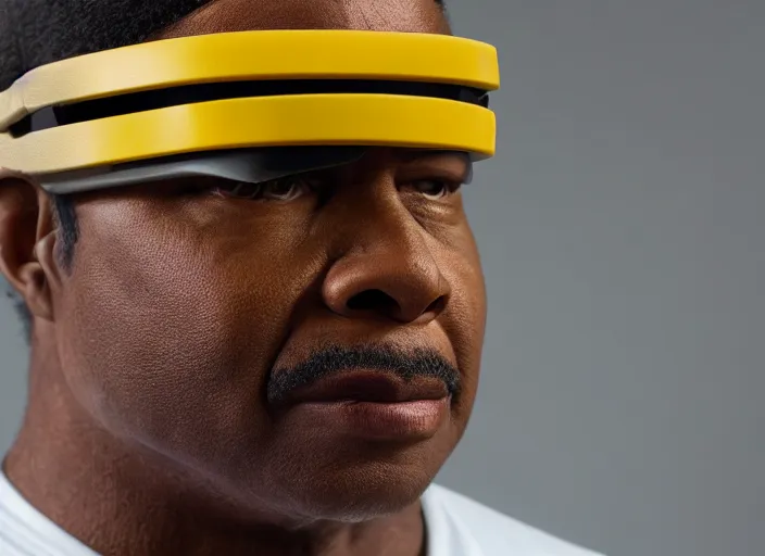 Prompt: a hyper realistic ultra realistic photograph of Commander Geordi La Forge wearing his visor, highly detailed, 8k photograph