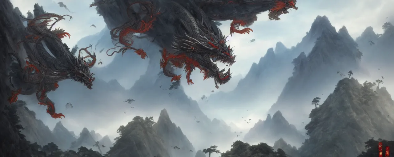 Image similar to ancient chinese dragon flying in fantasy chinese karst landscape, mountains, fog, art by greg rutkowski, concept art, cinematic, 4 k