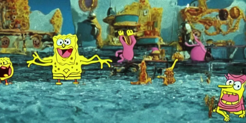 Image similar to spongebob in'the holy mountain'( 1 9 7 3 ), movie still frame