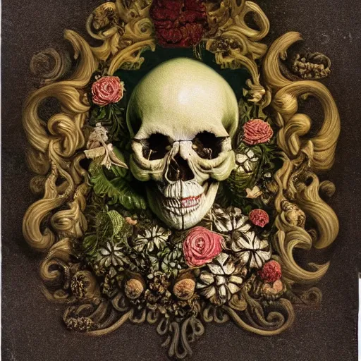 Image similar to a beautiful detailed front view rococo portrait of a rotten woman corpse becoming almost a skull with fractal plants and fractal flowers and mushrooms growing around, intricate, ornate, volumetric light, beautiful lit, polaroid photography, the northman