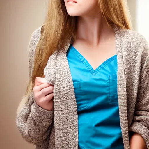 Prompt: female nursing student, dirty blonde with highlights, neck length hair, big nose, pretty, wearing a cardigan