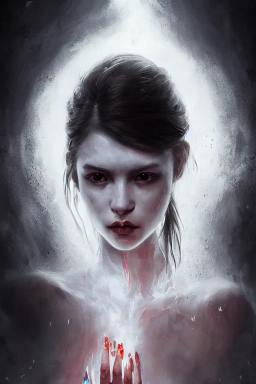Image similar to a beautiful portrait of a young Demon women covered in white flames with an intense look on her face by Greg Rutkowski, Sung Choi, Mitchell Mohrhauser, Maciej Kuciara, Johnson Ting, Maxim Verehin, Peter Konig, Bloodborne , 8k photorealistic, cinematic lighting, HD, high details, atmospheric , trending on artstation