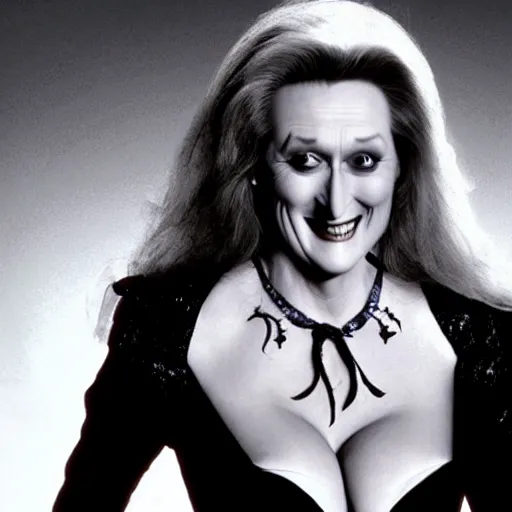 Image similar to evil vampire Meryl Streep with huge fangs