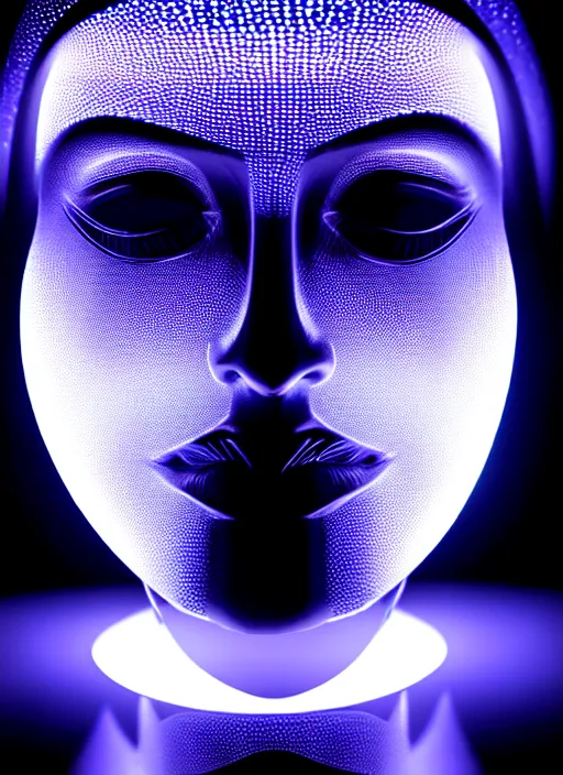 Image similar to ( beautiful female queen chess piece ( top is bioluminescence ) ( bottom is parametric ) ), beautiful face, reflection of led lights, algorithmic, intricate detail, futuristic, very detailed, highly detailed background, sharpfocus, photorealism, soft diffuse autumn lights, some sun light ray, dark room wall, canon 5 d 5 0 mm lens