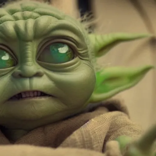 Prompt: a film still of baby yoda's son at his funeral wearing a suit in star wars realistic, detailed