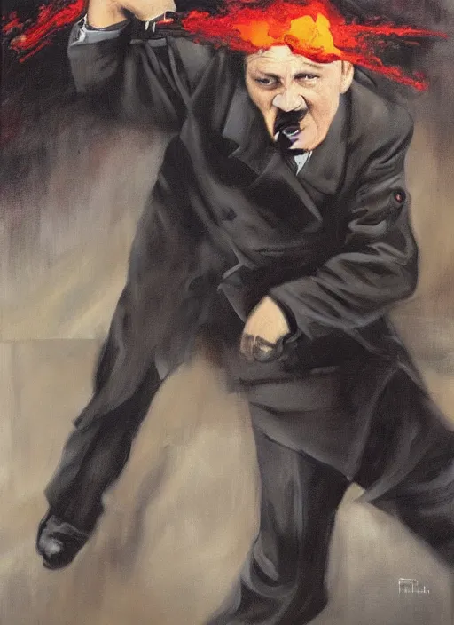 Image similar to hitler, suicide, crying, muzzle flash, funny painting by phil hale, fransico goya,'action lines '!!!, graphic style, visible brushstrokes, motion blur, blurry, visible paint texture, crisp hd image