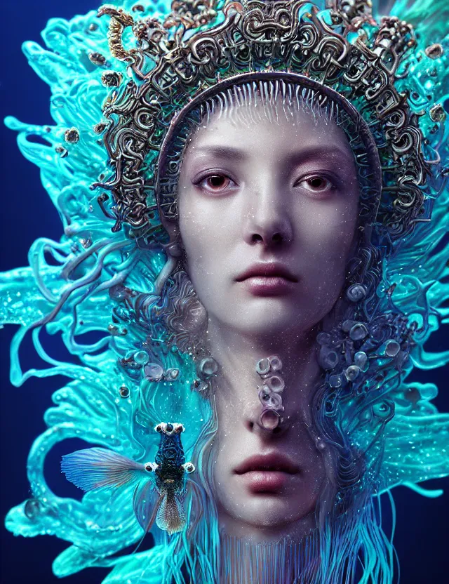 Prompt: goddess macro close - up portrait with crown made of ram skull. phoenix, betta fish, jellyfish, bioluminiscent, plasma, ice, water, wind, creature, super intricate ornaments artwork by tooth wu and wlop and beeple and greg rutkowski