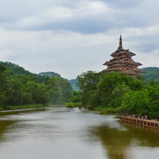 Prompt: large river with a large temple floating in the middle of it