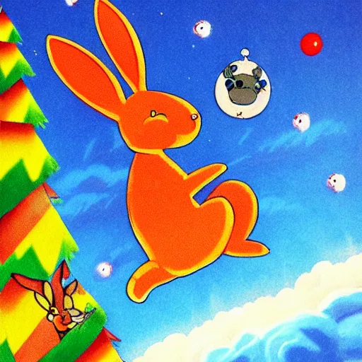 Image similar to kamikaze rabbit riding a rocket above earth in the style of merry melodies