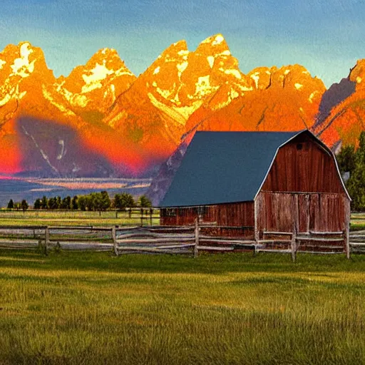 Image similar to a panoramic painting of the grand tetons with warm morning light shining on the mountains and a barn from mormon row in the forground