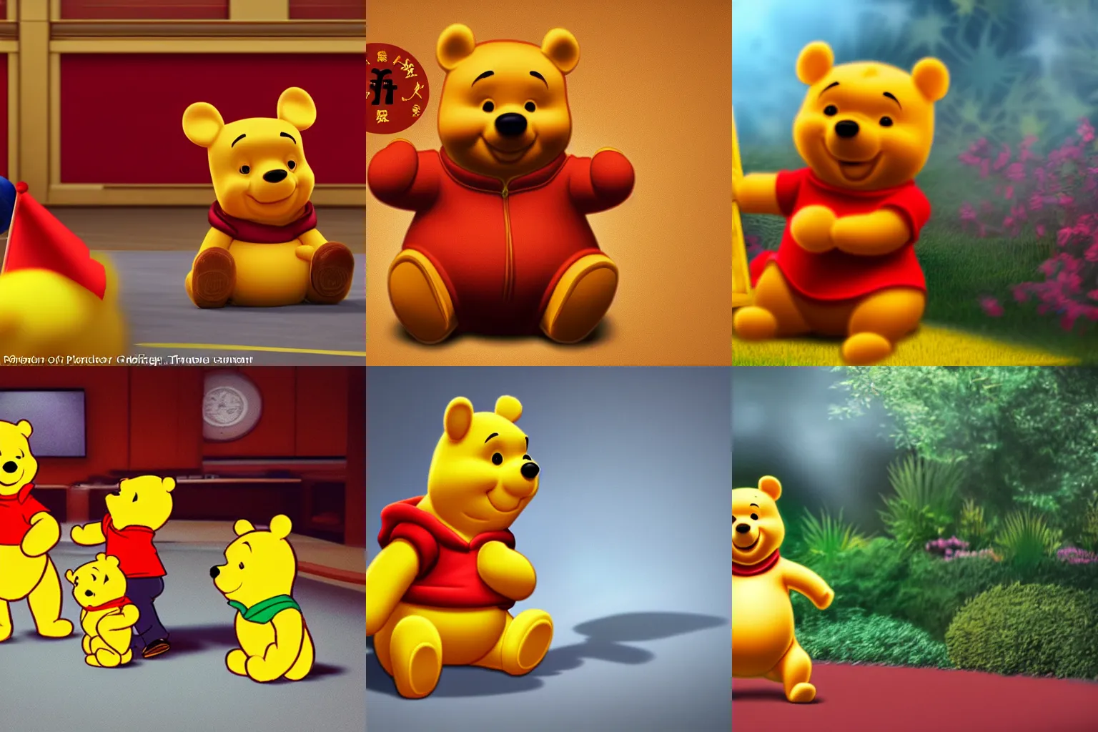 Prompt: Xi Jinping as Winnie the Pooh, octane render, high particle count, warm and fuzzy