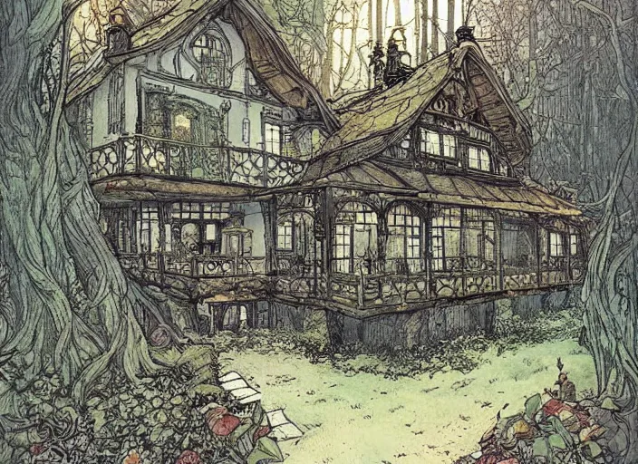 Prompt: house in a clearing in the middle of the forest, beautifully lit, steampunk, by rebecca guay and francois schuiten