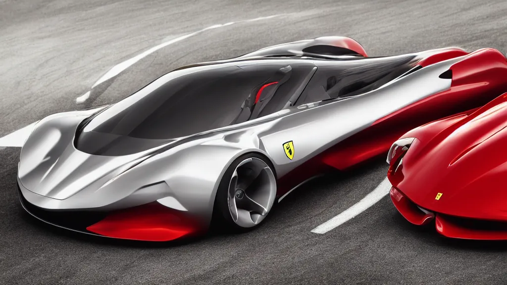 Prompt: photo of a ferrari concept car on racetrack, cinematic, fine details, symmetrical, 4 k