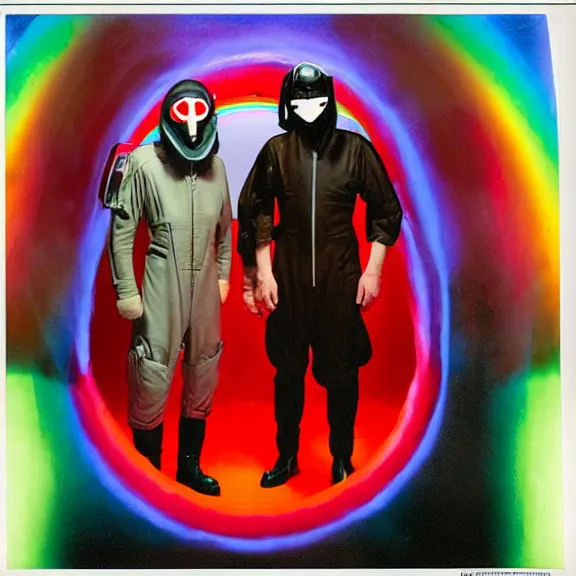 Image similar to two time pilots wearing flight masks and red rick owens flight suits inside the glowing geometric rainbow portal to the sixth dimension by frank frazetta