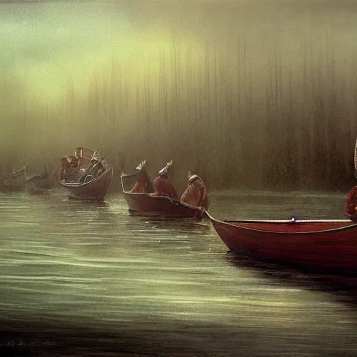 Prompt: of a viking longboat, filled with aed vikings lined with shields on a misty river realism painting