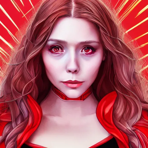 Prompt: Elizabeth Olsen as Scarlet Witch portrait, male anime style, illustrated by Avetetsuya Studios, intricate, detailed, photorealistic, trending on artstation, studio lighting, 4k, 8k