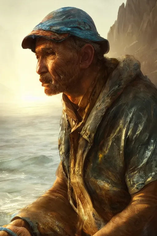 Image similar to Atlantis fisherman, close-up portrait, poor, intricate, elegant, volumetric lighting, scenery, digital painting, highly detailed, artstation, sharp focus, illustration, concept art,ruan jia, steve mccurry