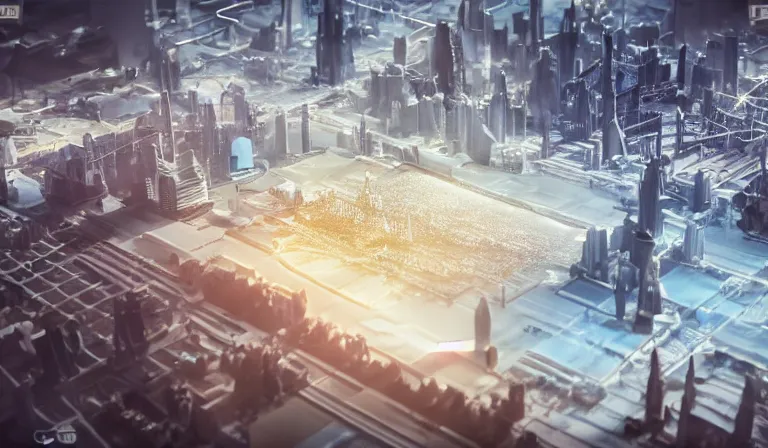 Image similar to crowd of people in simple white museum, looking at hologram of futuristic city on a table, cinematic concept art, godrays, golden hour, natural sunlight, 4 k, clear details, tabletop model buildings, center model buildings, hologram center, crane shot, crane shot, crane shot, white walls