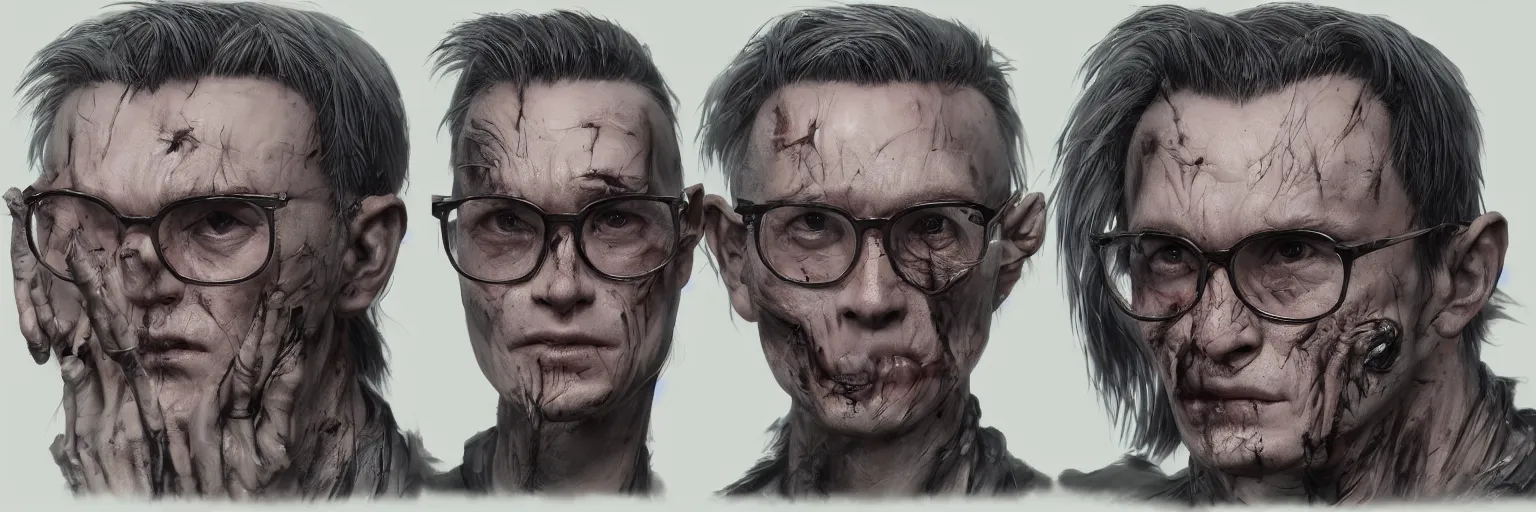 Prompt: full color character faces, realistic face of a psychopath, evil eyes, glasses, disturbed, character sheet, fine details, concept design, contrast, kim jung gi, greg rutkowski and da vinci, 8 k, emotional, face turnaround 3 6 0, front view, back view, side view, vivid colors, ultra wide angle