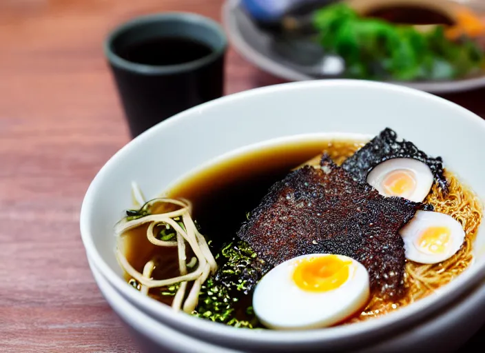Prompt: dslr food photograph of tankatsu black ramen with a soft boiled egg, 8 5 mm f 1. 8