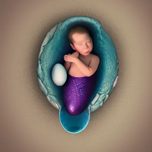 Prompt: a baby mermaid sleeping in an cracked egg, ultrarealistic, dramatic lighting, high details, 4 k, 8 k, best, accurate, trending on artstation, artstation, photorealism, ultrarealistic, digital painting, style of anne geddes