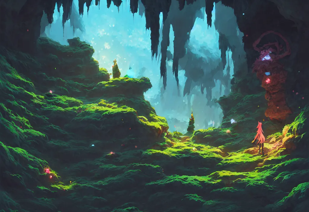 Prompt: a dark cave with crystals and moss on the walls, intricate oil painting, high detail illustration, sharp high detail, manga and anime 1 9 9 9, official fanart behance hd artstation by jesper ejsing and makoto shinkai, 4 k,