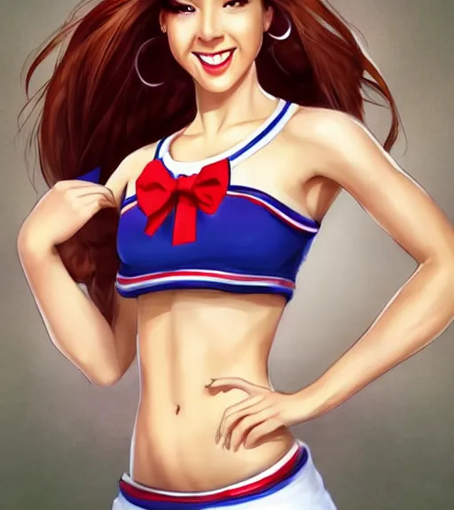 Image similar to very beautiful female cheerleader, smiling, flirty, eye contact, perfect face, perfect body, drawn by artgerm