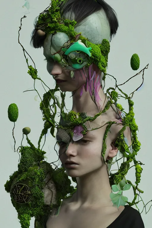 Prompt: nonbinary model, subject made of cracked clay, vine headdress, shinigami, moss patches, 2 0 mm, with pastel yellow and green bubbles bursting out, melting into bulbasaur, delicate, beautiful, intricate, houdini sidefx, by jeremy mann and ilya kuvshinov, jamie hewlett and ayami kojima, bold 3 d