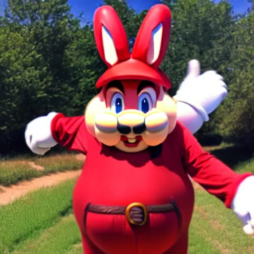 Image similar to real life big chungus dressed like mario, super mario with bunny ears, big chungus, fat bugs bunny, high resolution photo