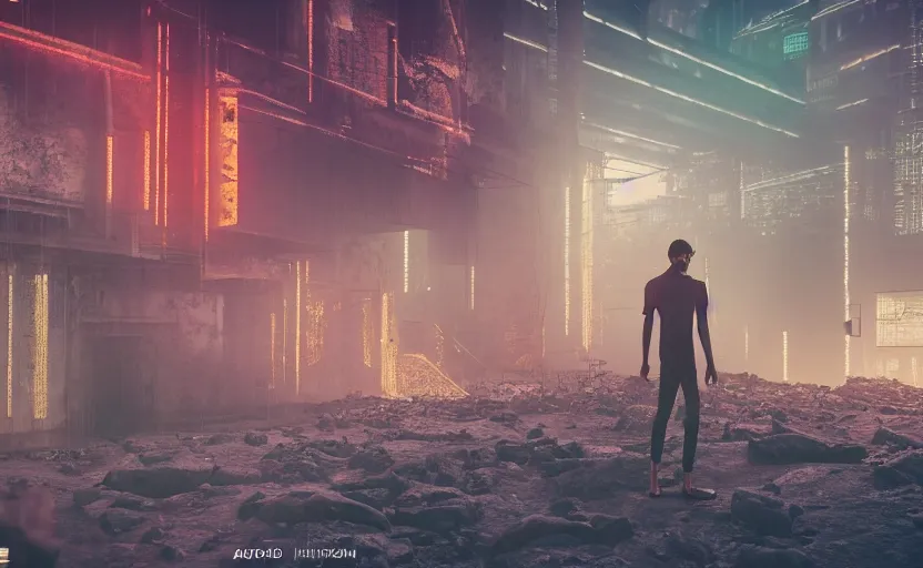 Prompt: a 3 d render of a person standing in the ruins of an ancient city in the morning mist, cyberpunk with lights and electricity and neon, bokeh, canon 5 0 mm, cinematic lighting, volumetric light, octane, octane render, redshift render, golden hour