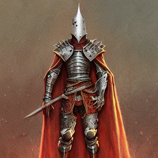 Image similar to crucible knight concept, wearing ancient armor, wielding a spear and a shield, wearing cape, dark soul concept art, elden ring concept art, beksinski