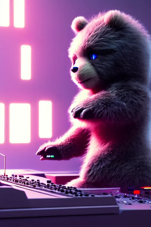 Image similar to high quality 3 d render very cute fluffy cyborg!! bear plays moog synthesizer, cyberpunk highly detailed, unreal engine cinematic smooth, in the style of blade runner & detective pikachu, hannah yata charlie immer, moody light, low angle, uhd 8 k, sharp focus
