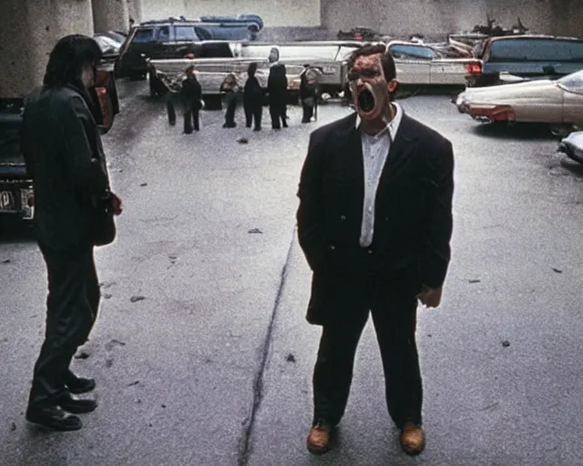 Image similar to in this scene from the modern hbo miniseries / the outfit /, a supernatural mafia crime thriller about magical monster - hunting mafiosi in 9 0 s philadelphia, we see a man become a strange monstrous ephemeral spirit of rage in front of an unimpressed mob capo. hd 8 k film photography, richard corben and cronenberg - esque.