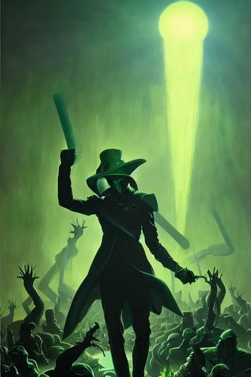 Prompt: the dark magician directs an army of the undead to the light one in a green acid fog, futurism, painting by greg rutkowski, j. c. leyendecker, artgerm