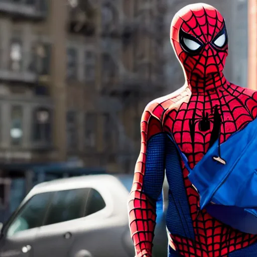 Image similar to film of spiderman with a backpack on his way to school on the streets of new york, lonely atmosphere, director by christopher nolan