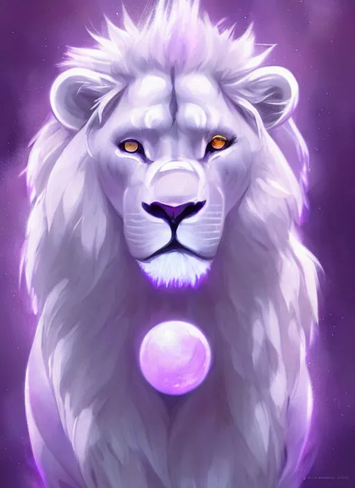 Image similar to !dream aesthetic portrait commission of an albino male furry anthro lion with lavender and mint glowing orbs of light illuminating the lions face, Atmospheric. Character design by charlie bowater, ross tran, artgerm, and makoto shinkai, detailed, inked, western comic book art, 2021 award winning painting
