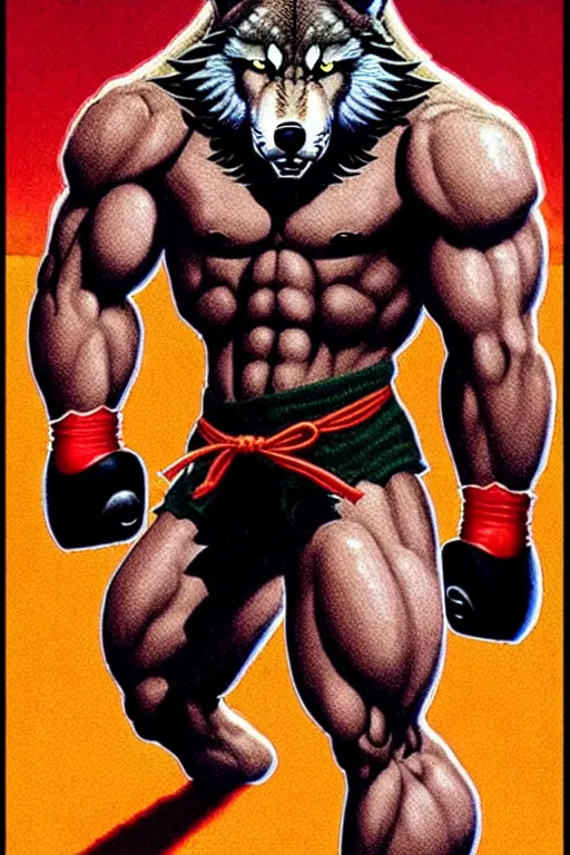 Image similar to extreme long shot. 8 bit nes graphics. antropomorphic muscular masculine wolf. kickboxer fighter, in shorts. wolf head. fine details, very sharp, art from nes game cartridge, vhs, vaporwave, marc simonetti and hermann nitsch