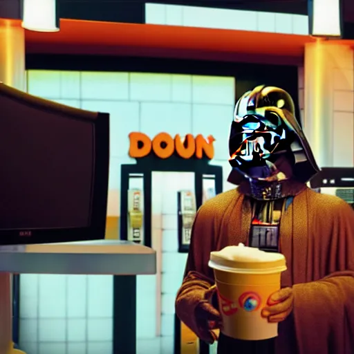 Image similar to darth vador working at dunkin donuts , 8k cinematic lighting, very sharp detail, anatomically correct