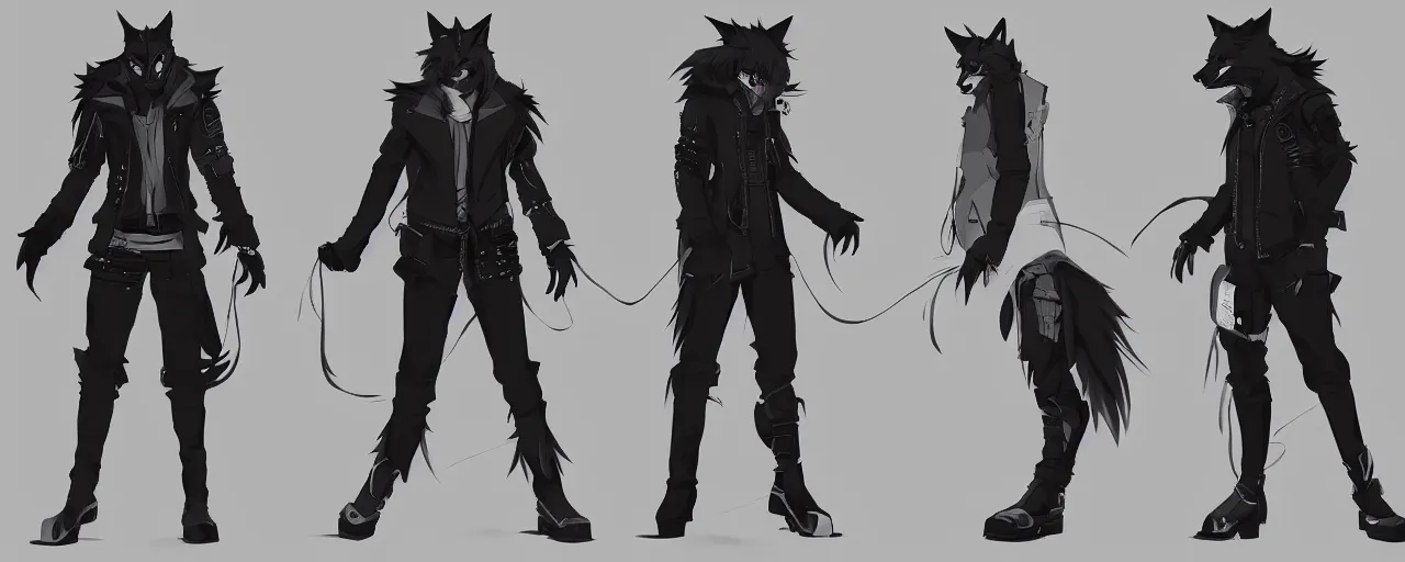 Image similar to a male anime cyberpunk wolf wearing a heavy jacket and heavy black boots, character concept exploration, outfit designs, trending on artstation; clear silhouette, strong design