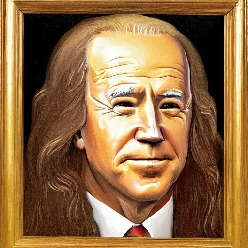 Prompt: Portrait of Joe Biden with long hair in the style of Da vinci, oil painting