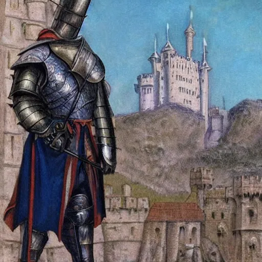 Image similar to full body, knights armor, donald trump, crown!!!!!!, donald trump's face, detailed face, painting of a knight, boots!!!!!!, medieval castle background, valiant, by hans thoma