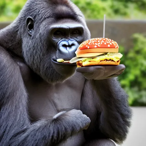 Prompt: realistic detailed sharp 35mm photo of a gorilla eating a burger at McDonald's