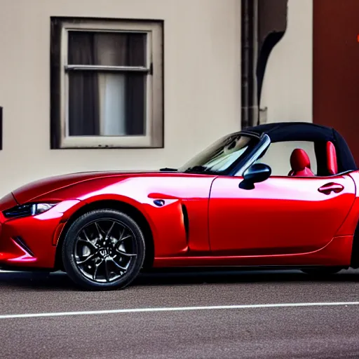 Image similar to 105mm photo of car full view mid distance photograph red Mazda Miata parked on street from 2020